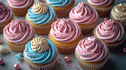 A bunch of cupcakes with pink and blue frosting.