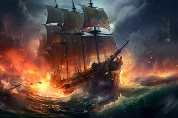 Intense sea battle as pirate ships engage in fierce combat amidst crashing waves, the salty spray captured in vivid detail, - obrazy, fototapety, plakaty