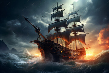 Majestic pirate ship battling fierce waves under a stormy sky with lightning striking the mast, sails billowing in the wind, - obrazy, fototapety, plakaty