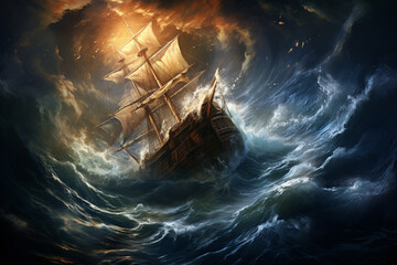 Powerful illustration of a pirate ship caught in the clutches of a colossal tidal wave, the ship's crew desperately struggling against the overwhelming force of nature, - obrazy, fototapety, plakaty