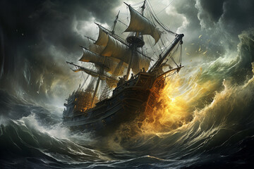 Storm-tossed pirate ship, waves crashing over the deck, as the crew battles to keep the vessel afloat in the midst of a raging tempest, - obrazy, fototapety, plakaty