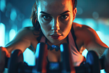 In this close-up shot, a determined woman focuses on her cardio workout while using an exercise bike, showcasing her dedication to her health and overall wellbeing.