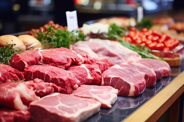 Assortment of raw meats on the market counter