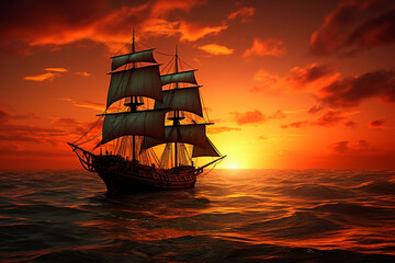 The silhouette of a pirate ship silhouetted against a fiery sunset, waves ablaze with the hues of dusk, sailing through challenging waters,