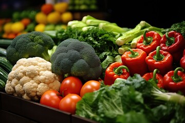 Assortment of ripe vegetables on the market counter