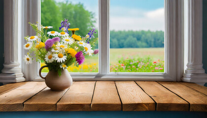 An unoccupied wooden table adorned with a vase filled with wildflowers placed on the windowsill