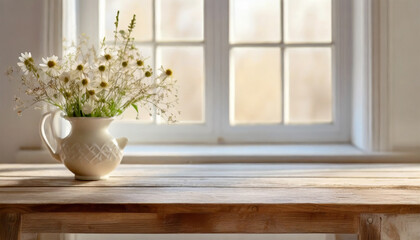 Fototapeta na wymiar An unoccupied wooden table adorned with a vase filled with wildflowers placed on the windowsill