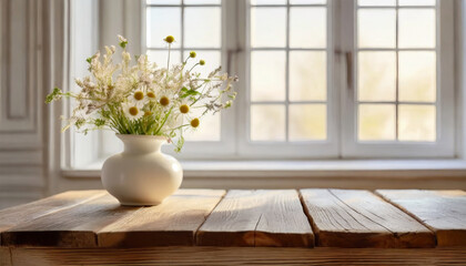 Fototapeta na wymiar An unoccupied wooden table adorned with a vase filled with wildflowers placed on the windowsill