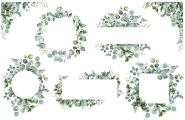 Eucalyptus watercolor illustration. Set of trendy greenery frames. Sage green border. Elegant foliage design for wedding, card, invitation, greeting on transparent background