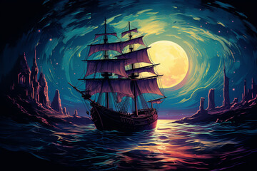 Woodblock illustration of a pirate ship entering a bioluminescent bay, the water illuminated by the otherworldly glow as the ship sails into the enchanting harbor, - obrazy, fototapety, plakaty