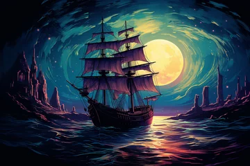 Fotobehang Woodblock illustration of a pirate ship entering a bioluminescent bay, the water illuminated by the otherworldly glow as the ship sails into the enchanting harbor, © Erum