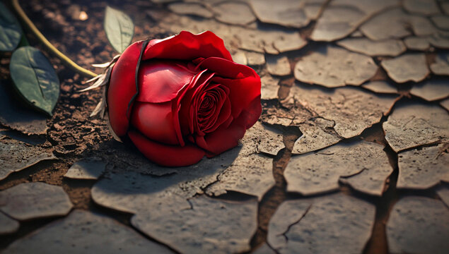 Rosa rossa su terreno screpolato.