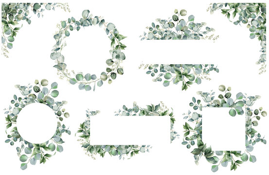 Eucalyptus watercolor illustration. Set of trendy greenery frames. Sage green border.  Elegant foliage design for wedding, card, invitation, greeting on transparent background