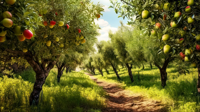 Capture the essence of a fruitful morning with a picture of ripe apples in the orchard