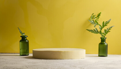 Empty yellow concrete textured wall and podium stage background, adorned with a green glass vase containing plants, providing a neutral and sustainable showcase template for natural brand products, wi