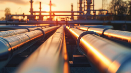 This image captures an industrial oil and gas pipeline during the refining process, highlighting the dynamic movement of resources.