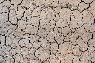Dry mud cracked ground texture. Drought season background. Dry and cracked land, dry due to lack of rain. Effects of climate change.