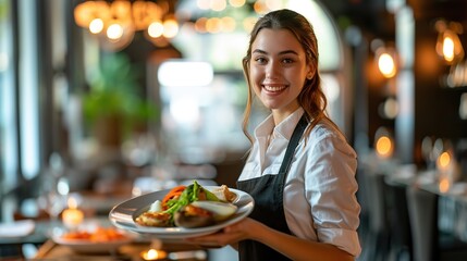 A smiling waitress is holding a plate of food in a well-lit restaurant environment. - obrazy, fototapety, plakaty