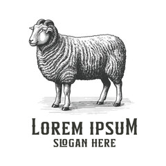 Fototapeta premium sheep standing engraved style hand-drawn logo design, sheep retro logo design, vintage style