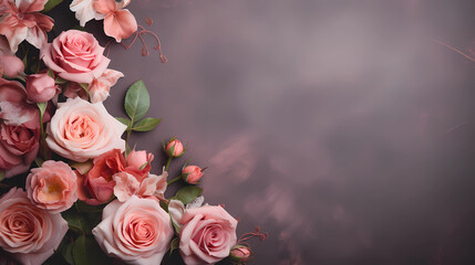 beautiful pink roses as asymmetric frame on gray background, copy space, negative space, romantic wedding background 