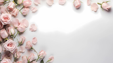 Naklejka na ściany i meble beautiful pink roses as asymmetric frame on white background, copy space, negative space, romantic wedding background 