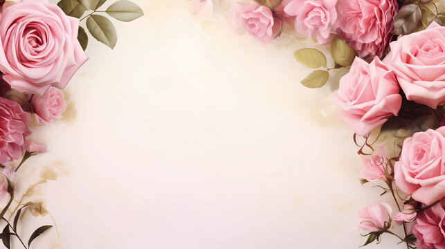 beautiful pink roses as asymmetric frame on white background, copy space, negative space, romantic wedding background 