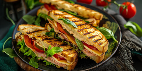 Leckere Sandwich mit Tomaten Wurst und Basilikum angerichtet als Foodfotografie, ai generativ - obrazy, fototapety, plakaty