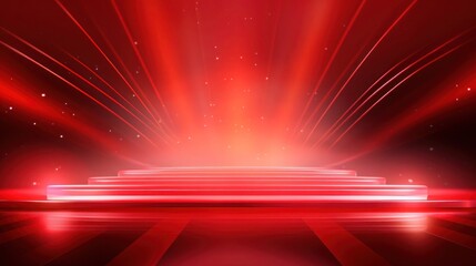 Red light award ceremony background with podium on modern stage, laser lights with holographic displays