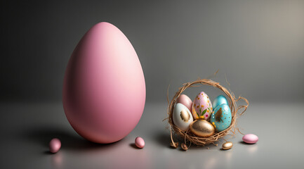 Painted Easter eggs in eggshell and one big pink egg on grey background. Easter creative composition.