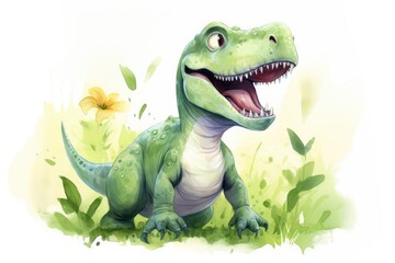 Watercolor illustration of a cute Tyronasaurus dinosaur on a white background.