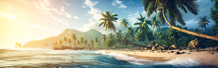 Tropical bliss on a paradise islands palm fringed beach. - obrazy, fototapety, plakaty
