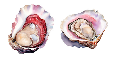 Oysters, watercolor clipart illustration with isolated background.