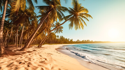 Fototapeta na wymiar Tropical bliss on a paradise islands palm fringed beach.