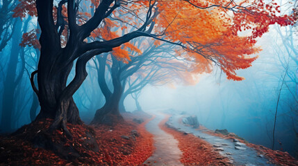 Beautiful mystical forest in blue fog n autumn