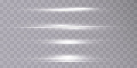 Set of white horizontal highlights. Laser beams, horizontal light beams on a transparent background. Vector