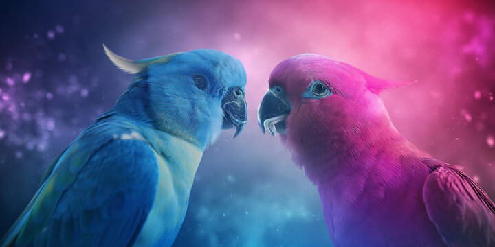 Wunderschöne Papageien in rot und blau beim Küssen als Nahaufnahme für Poster und Kalender, ai generativ