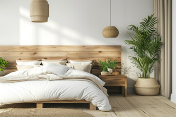 Close up modern bedroom with neutral colors, wooden rustic elements, spacious
