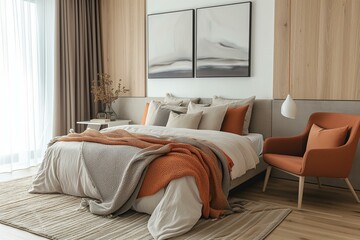 Fototapeta na wymiar Close up modern bedroom with a touch of pastel peach colors, wooden rustic elements, spacious