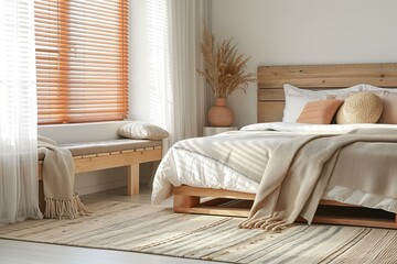 Close up modern bedroom with a touch of pastel peach colors, wooden rustic elements, spacious