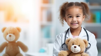 heartwarming scene of a little girl-doctor with her teddy bear looking at the camera