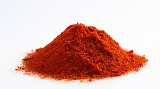 pile of ground cayenne pepper on a pristine white surface, showcasing the spice's vibrant red color and intense heat.