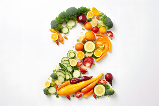 2024 Food Trends A creative display of New Year 2024 made of vegetables, fruits, and fish on a white background. Depicts 2024 resolutions, trends, healthy eating, Generative AI,