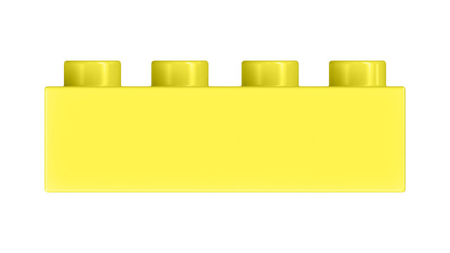 Lemon Lego Block Isolated on a White Background. Close Up View of a Plastic Children Game Brick for Constructors, Front View. High Quality 3D Rendering with a Work Path. 8K Ultra HD, 7680x4320