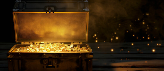 Open treasure chest filled with gold coins. Open an ancient treasure chest that radiated light