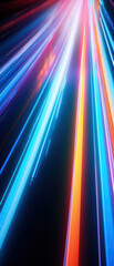 Fototapeta premium Futuristic tunnel illuminated by vibrant LED lights and laser beams, showcasing movement and technology.