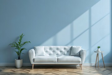 Room with a pastel blue color wall, parquet floor and a light blue sofa. Interior design mockup