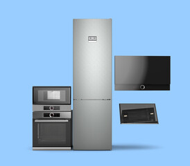Modern built in kitchen appliances set front view 3d render on blue
