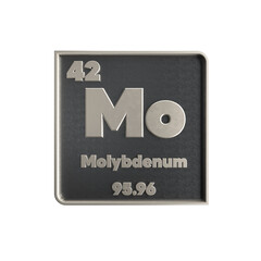 Molybdenum chemical element black and metal icon with atomic mass and atomic number. 3d render illustration.