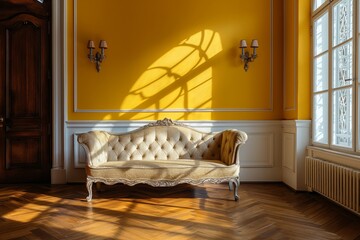 Room with a pastel yellow color wall, parquet floor and a beige sofa. Interior design mockup