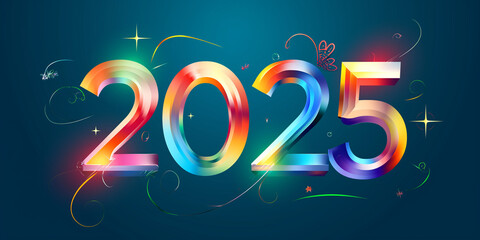 Jahreswechsel 2025 in bunten leuchtenden Neon Zahlen und Lichter Bokeh im Querformat für Banner, ai generativ